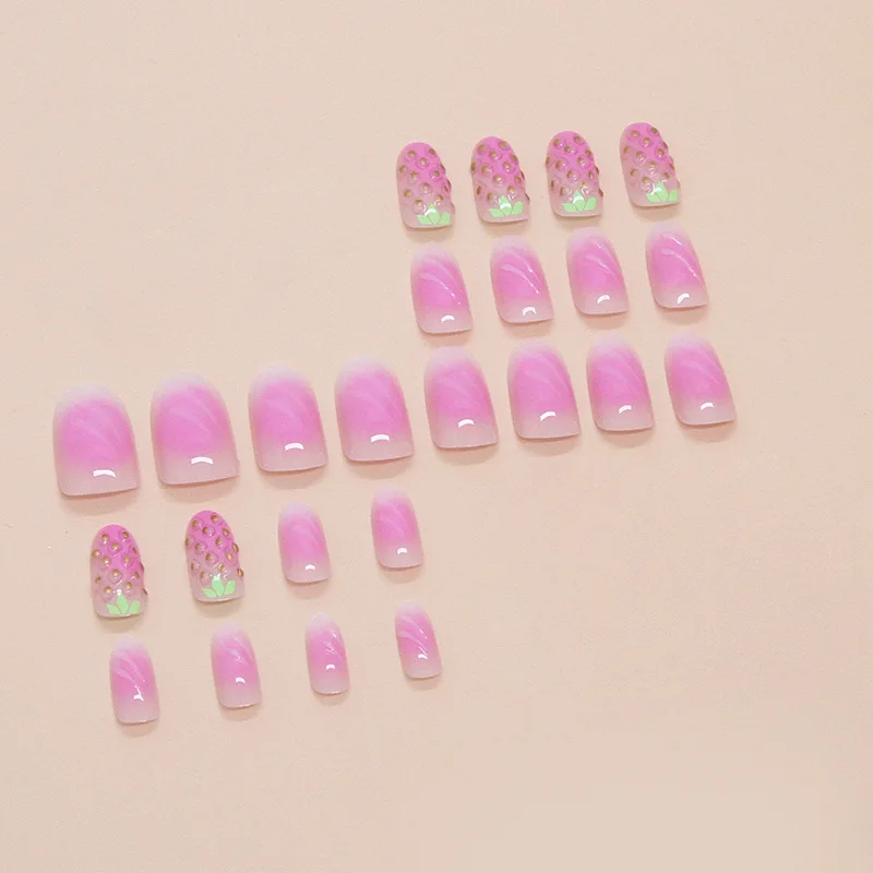 24pcs Cute 3D Strawberry False Nails Gradient Purple Fake Nails Full Cover Wearable Ins Short Round Press on Nails for Girls