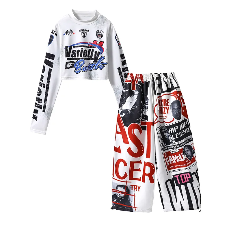 Kid Kpop Hip Hop Clothing White Print Long Sleeve Crop T Shirt Top Graffiti Dopamine Pants for Girl Street Dance Costume Clothes view 5