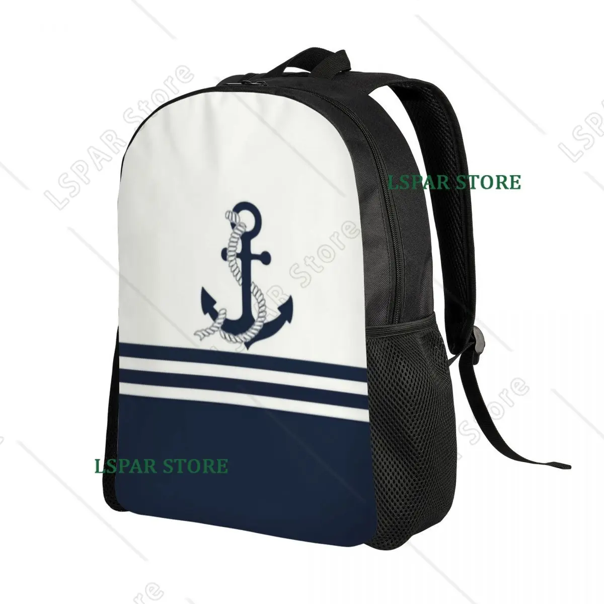 Custom Navy Blue Stripes Nautical Anchor Boat Backpacks College School Travel Bags Women Men Bookbag Fits 15 Inch Laptop