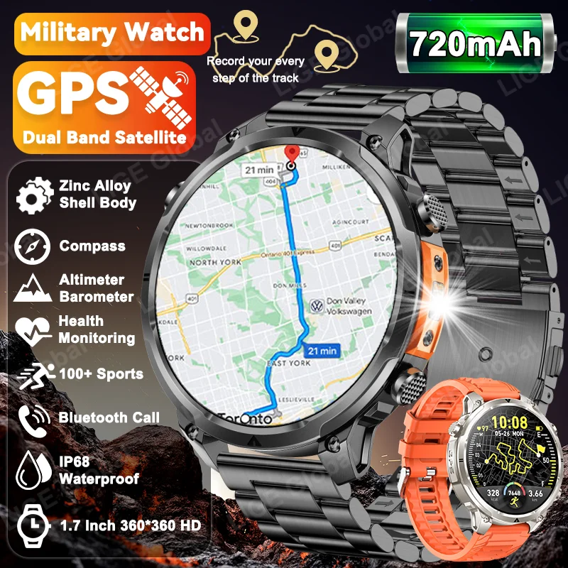 

LIGE Outdoors GPS Tracker Smart Watch Men 100+ Sports 720mAh Battery 1.7" HD BT Call IP68 Flashlight Compass Man Smartwatch 2026