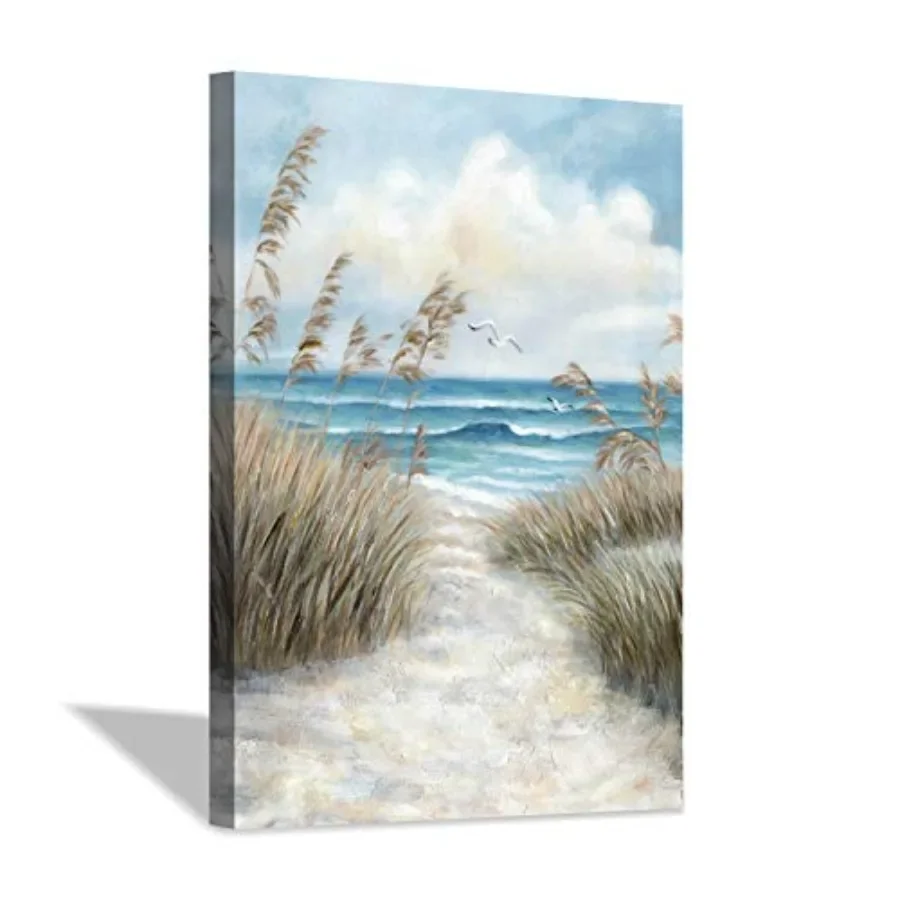 

Bedroom wall art: canvas, blue and beige, abstract seascape with beach path to sea, lightweight and ready-to-hang