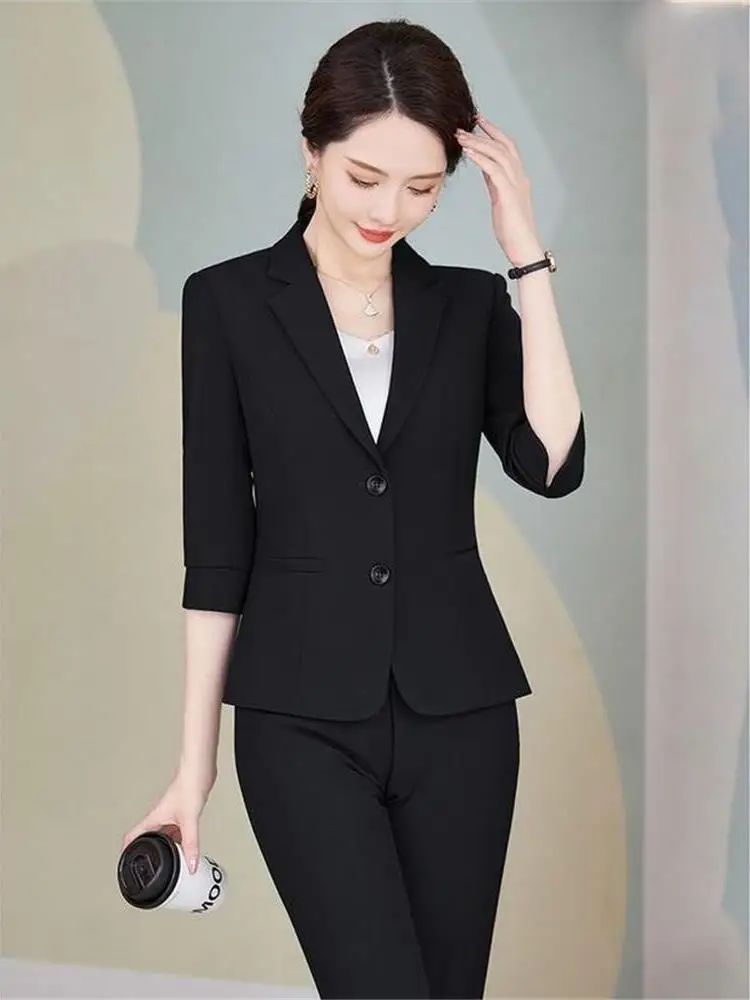 

Ele Bla Suit Jaet for Women Summer 3/4 Sve Hotel Work orm ort Sle Single Button Closure Profional Caree...