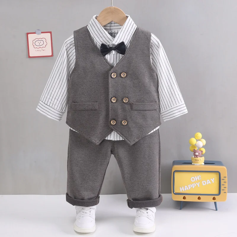 Conjunto de traje de caballero a cuadros para niños, camisa con corbata, pantalones, conjunto de tres piezas, vestido formal para bebés, 2024