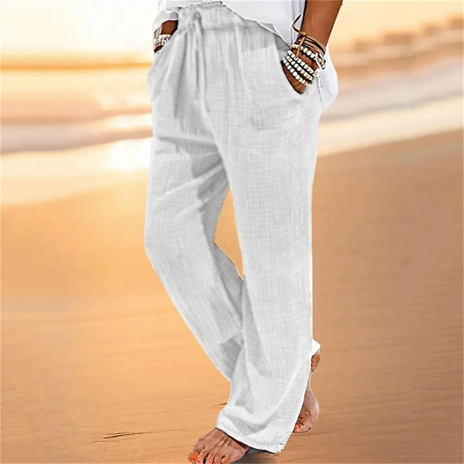 Men'S Cotton And Linen Wrinkled Beach Pants With Drawstring Zipper And Elastic Waist For Comfortable And E Motion Pants for Men