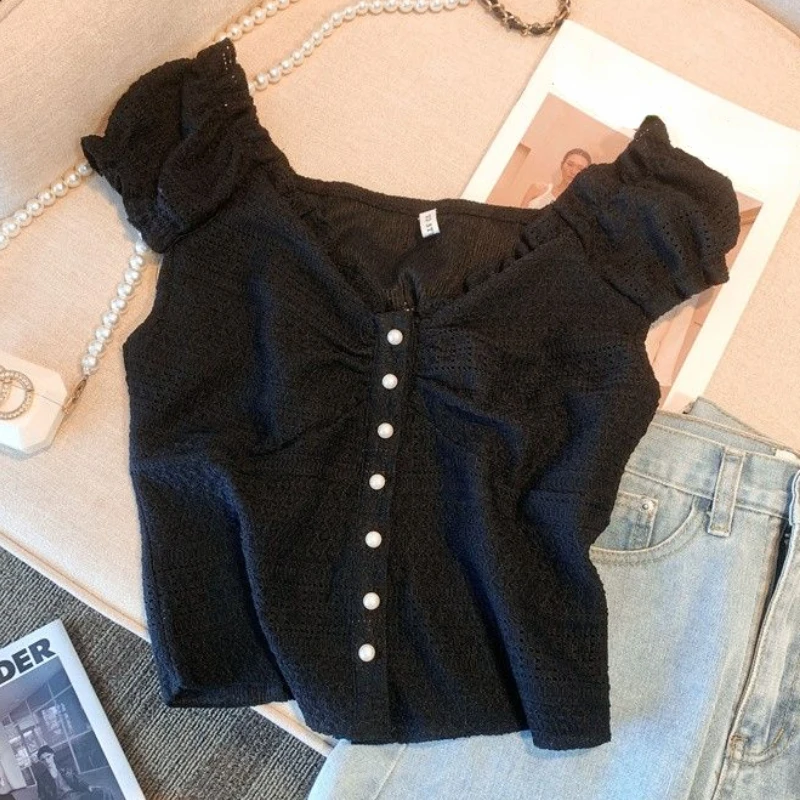 T-shirts Women Slim Hollow Out Summer Hotsweet Ruched Trendy Streetwear Girlish Chic Crop Tops Vintage 2023 Literary