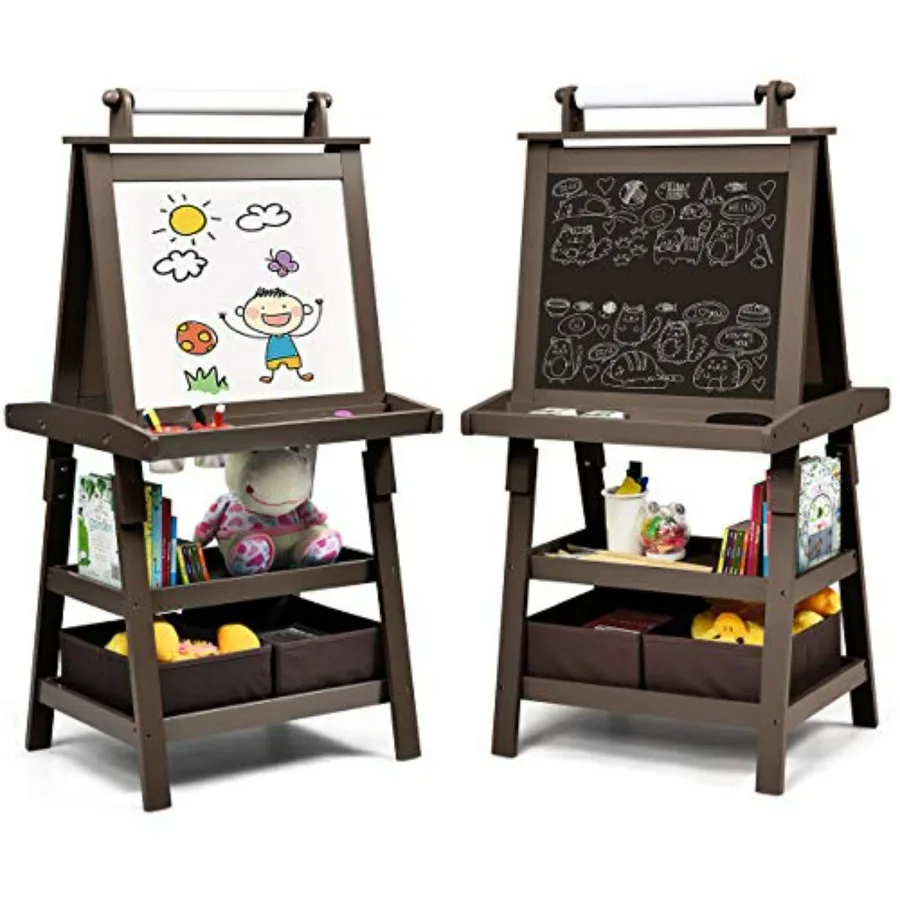 

Art Easel 3 in 1 Double-Sided Wooden Easel with Magnetic Whiteboard Chalkboard Paper Roll 2-Tier Rack with 2 Storage Boxes Stan