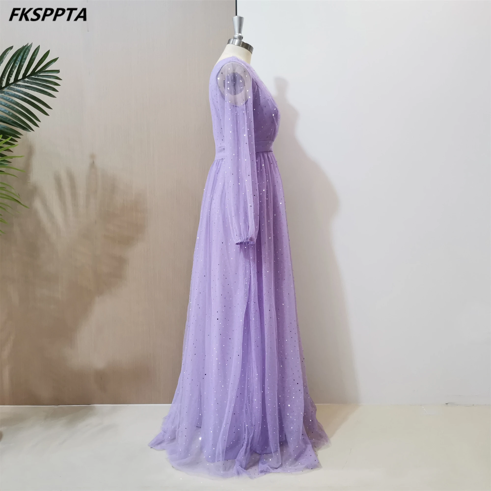 Lovely Lavender Long Evening Dress 2024 Bling Sequin Tulle A Line Full Sleeves Women Formal Gowns For Wedding Party In Stock