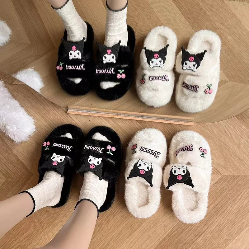 Sanrio Kuromi Plush Shoes Women Outdoor New Thick Sole Fuzzy Slippers Anti Slip Y2k Female Cartoon Korean Style Fashion Slippers