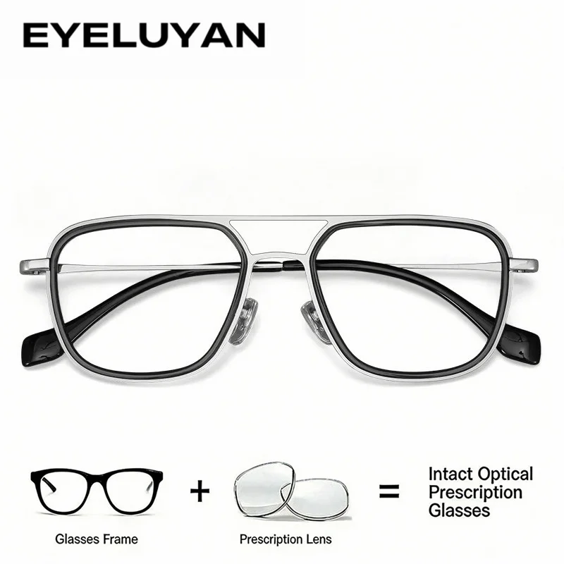

EYELUYAN Unisex Vintage Double Bridge Square Eyeglasses Lightweight Metal Frame Pilot Style Optical Anti Blue Light Glasses