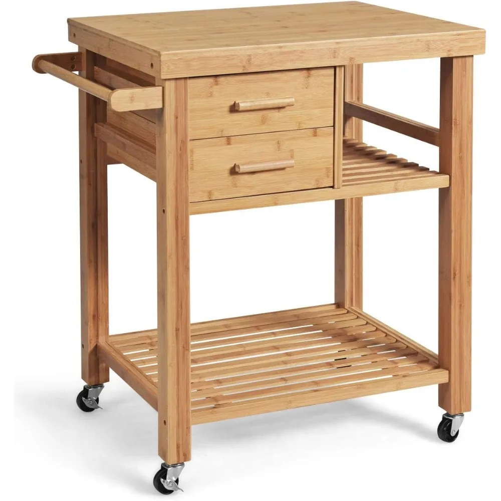 

Kitchen Island, Bamboo Island Cart, Kitchen Trolley Cart on Wheels, Rolling Kitchen Cart, 2 Drawers, Towel Rack, Casters