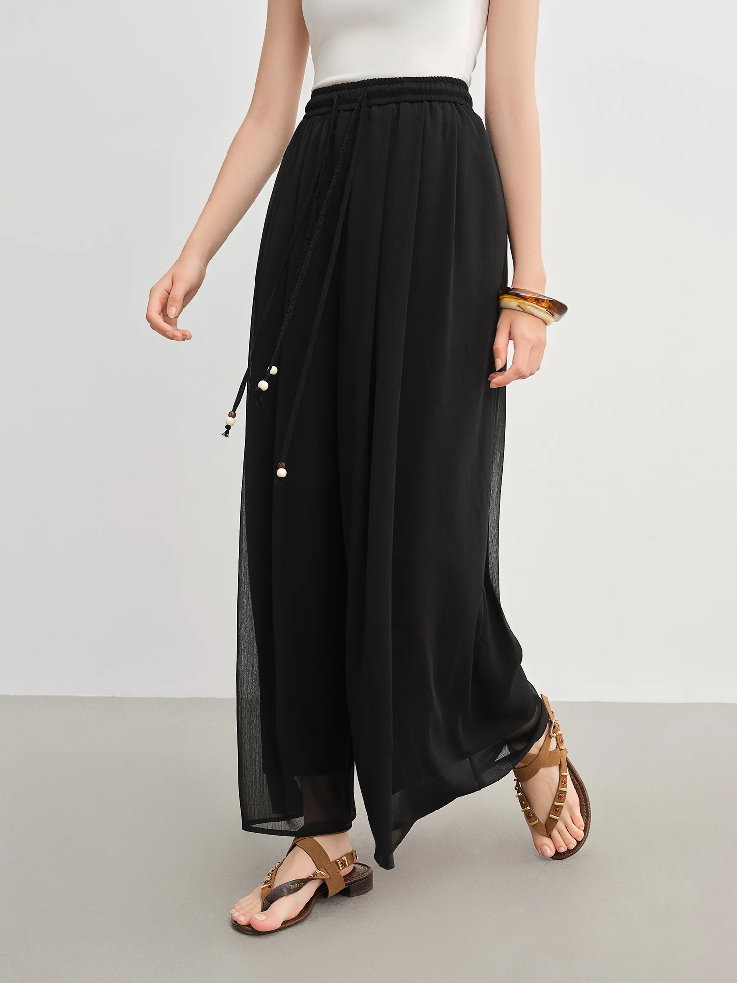 DUSHU Women's Black Pants Women's Summer Loose Wide-leg Pants 2025 New Style Skirt Pants Elastic Waist Slim Trousers 25DS82968