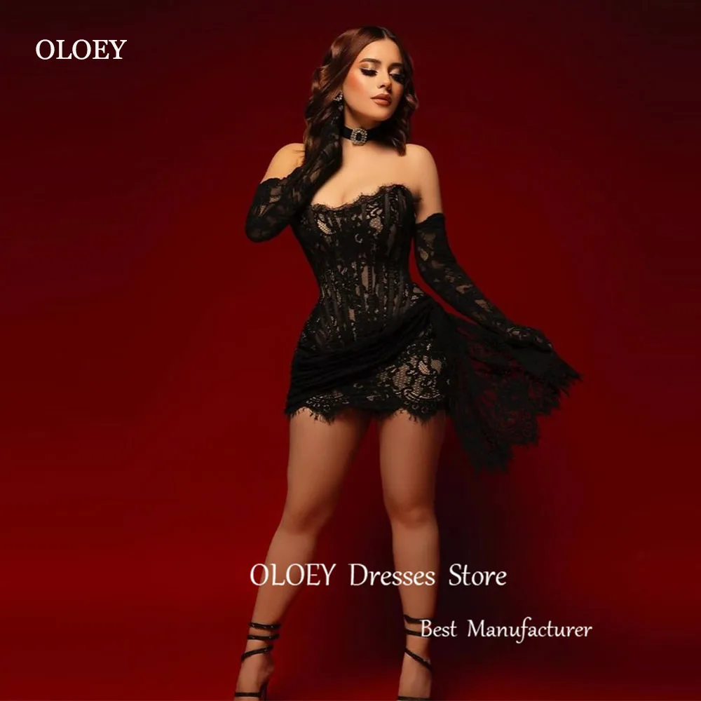 OLOEY-Mini robe de cocktail en dentelle noire pour femme, robe de soirée formelle, gants longs, sexy, grande taille, chérie, femme américaine