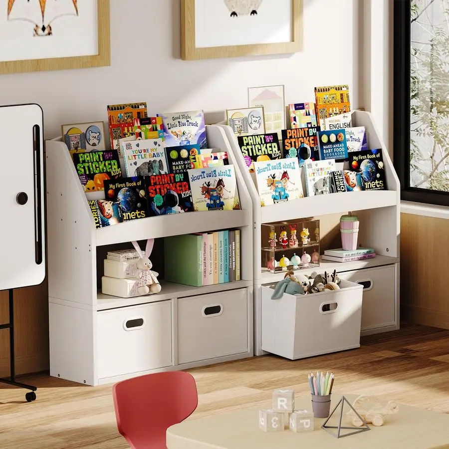 منظم تخزين ألعاب رف كتب للأطفال مع علبتين من القماش، رف كتب للأطفال من 3 طبقات، خزانة كتب للأطفال الصغار، غرفة الأطفال