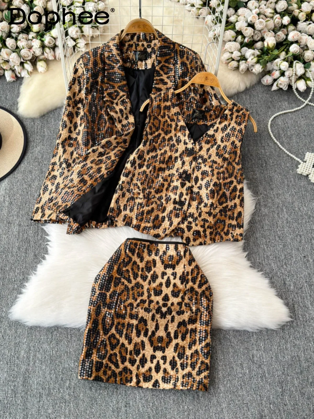 Leopard Print Sequined Loose Casual Blazer Women Autumn Winter V-neck Single-breasted Vest Skirt Three-piece Sets Womens Outfits