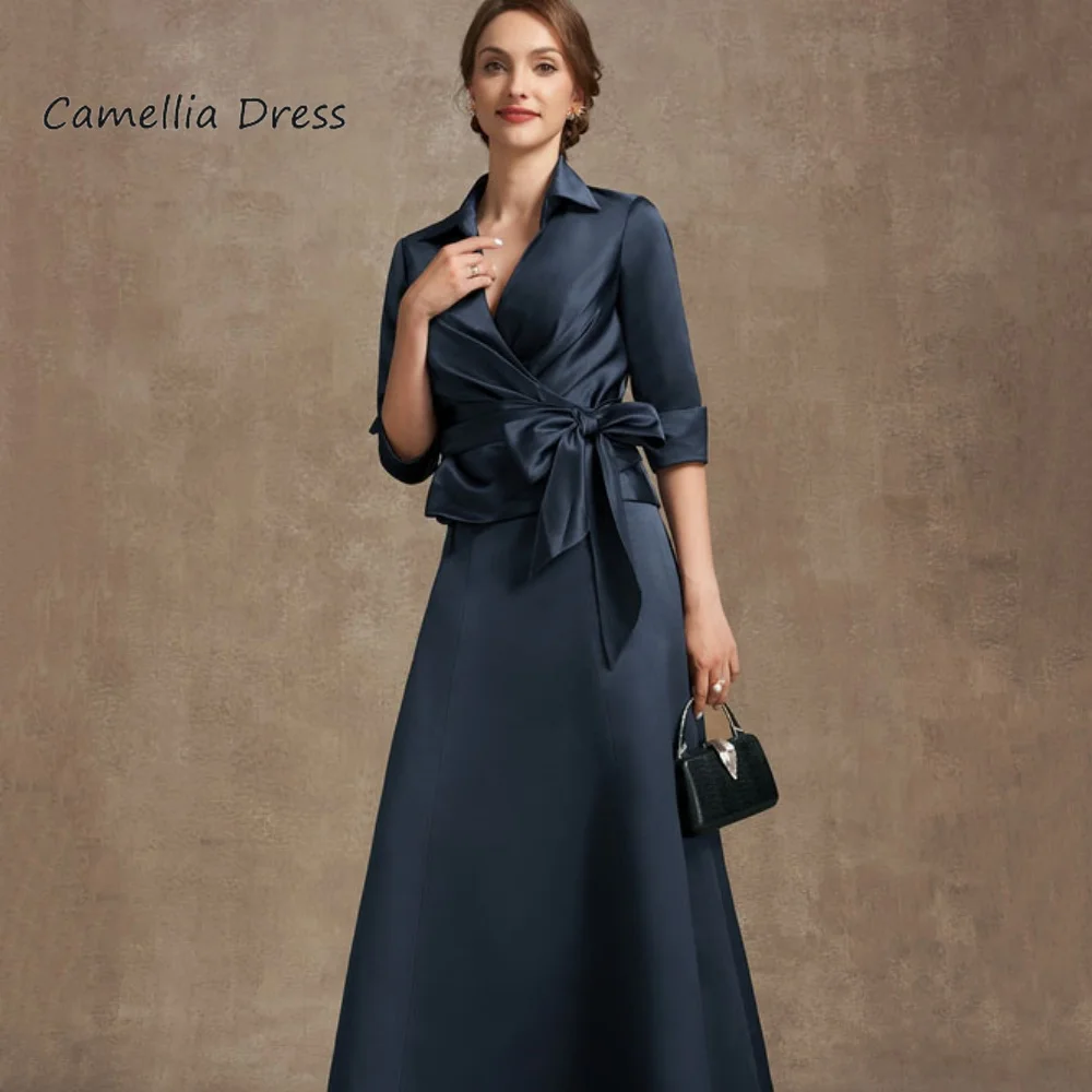 Vintage A Line Formal Occasion Dress V Neck Bow Wedding Party Gowns Floor Length Satin Mother Dress For Wedding