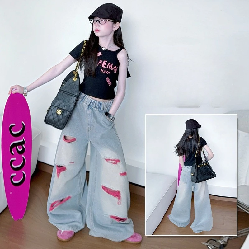 Girls cutout short-sleeved T shirt Pink ripped Pants Kids Hip-Hop for Stage Performance Children Street Dance Costumes Clothes
