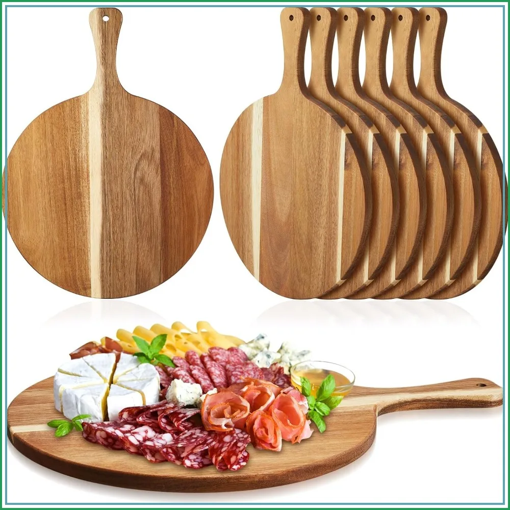

6 Pcs Acacia Wood Round Cutting Board Bulk 0.6 Inch Thick Charcuterie Board with Handle Large Wooden Chopping Paddle for Cutting Pizza Cheese Meat Fruit (12 x 16 Inch)