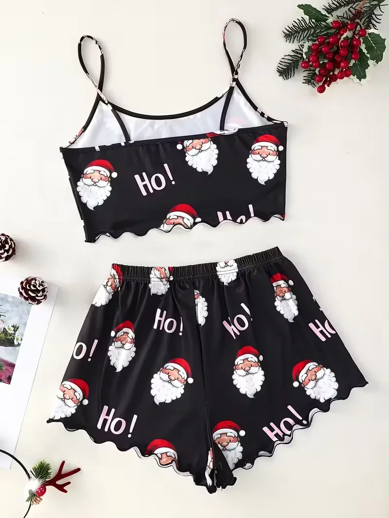 طقم بيجامة نسائي مطبوع عليه سانتا لعيد الميلاد مع حزام سباغيتي وسروال قصير برقبة دائرية بدون أكمام