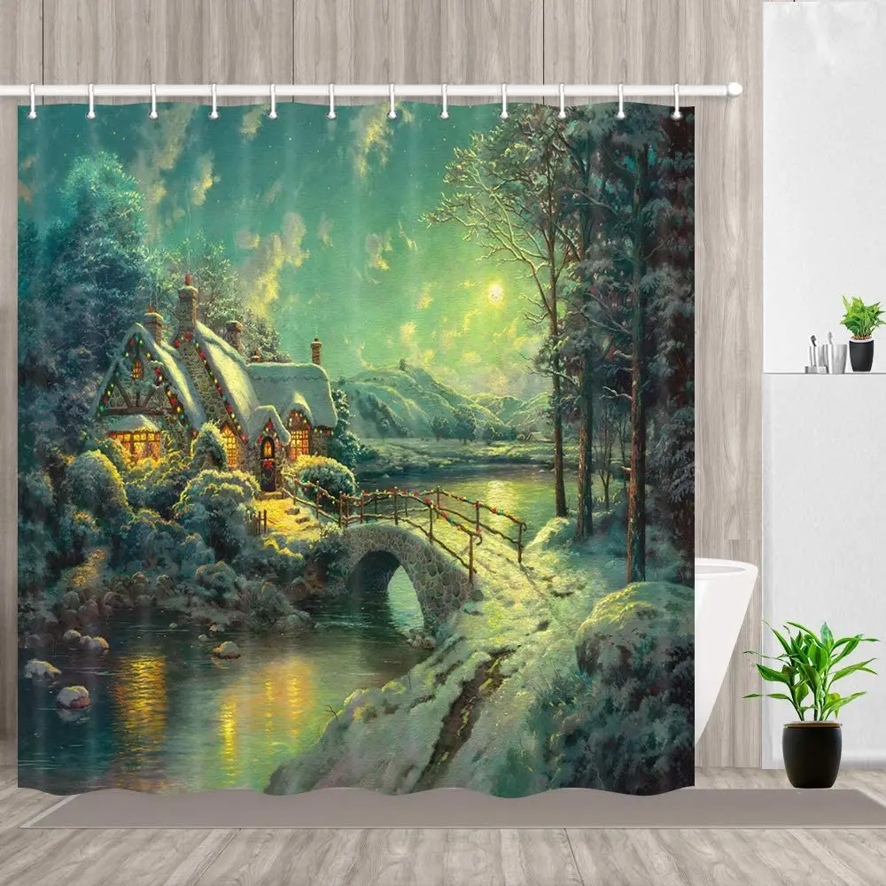 Christmas Village Painting Shower Curtain House Bridge River Art Polyester Fabric Waterproof Bathroom Bath Curtains with Hooks