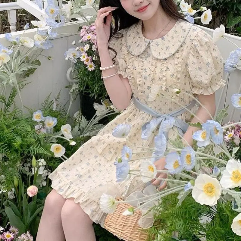 Prairie Broken Flowers Midi Dress Women\'s Clothing Lolita Doll Collar Summer New Sweet Ruffles A-Line Stylish Drawstring Dresses