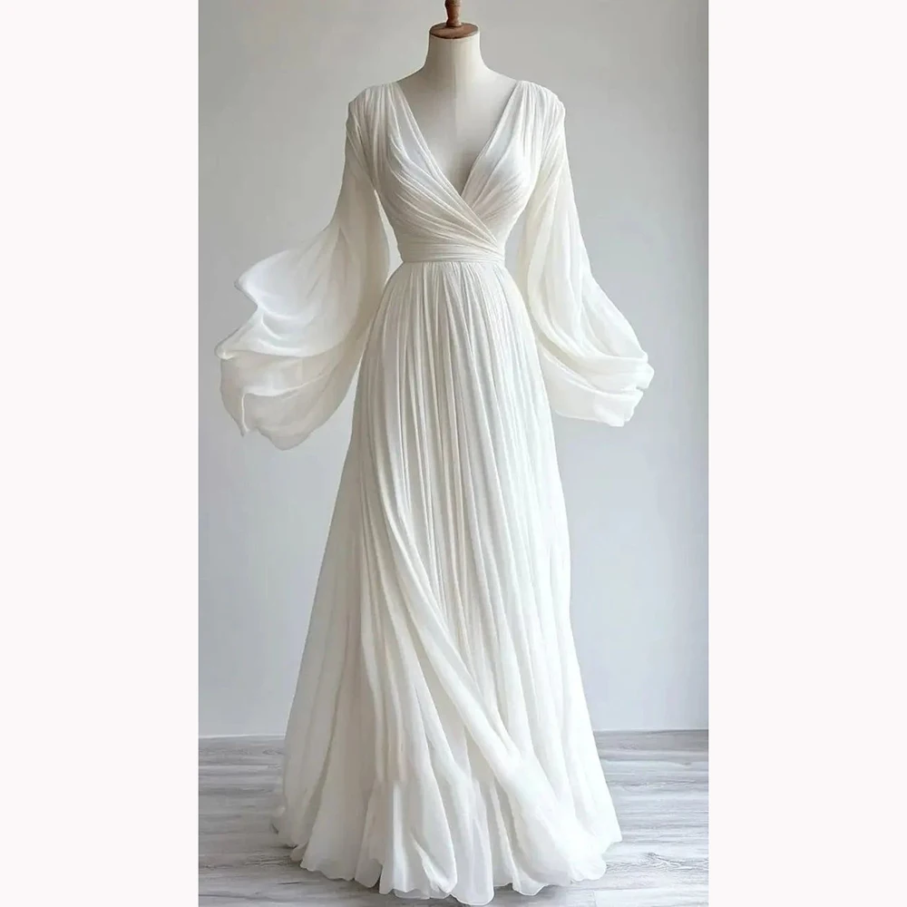 

Customized A-Line Women's Dress Elegant Chiffon Long Sleeves White Formal Bridesmaid Evening Gown Solid Color V-neck Prom Dress