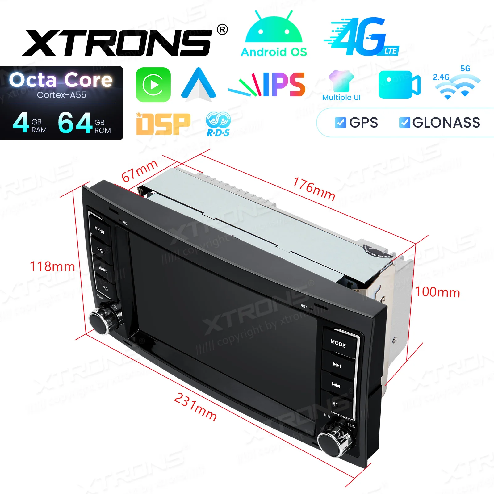 XTRONS 7-дюймовый восьмиядерный 4 + 64 ГБ Android 14 Автомобильный радиоприемник для Volkswagen Touareg IPS с сенсорным экраном Встроенный CarPlay AA 4G LTE