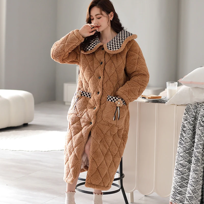Winter Robe Thick Warm Women Flannel Robe Comfortable Soft 3 Layer Clip Cotton Turn-down Collar Bathrobe