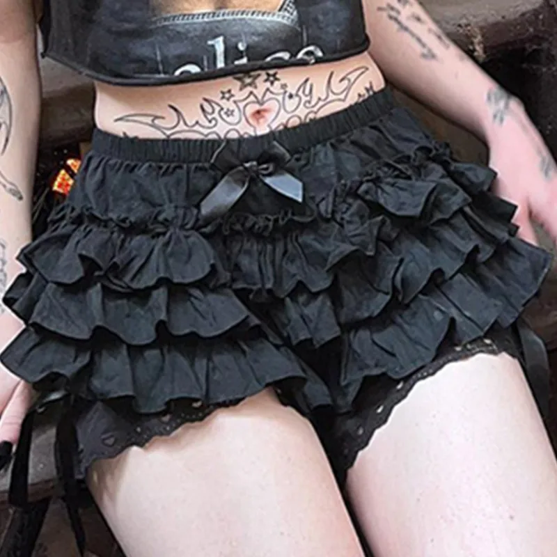 Y2k E-girl All-match Shorts Women Aesthetic Streetwear Dark Goth High Waist Bow Lace Patchwork Shorts Goth Hotsweet Skirt Shorts