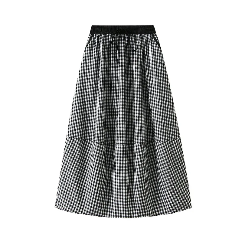 

Autumn New Fashionable Versatile Design Elastic Waist A-line Medium Long Checkered Lantern Skirt Half Skirt Women's Wear