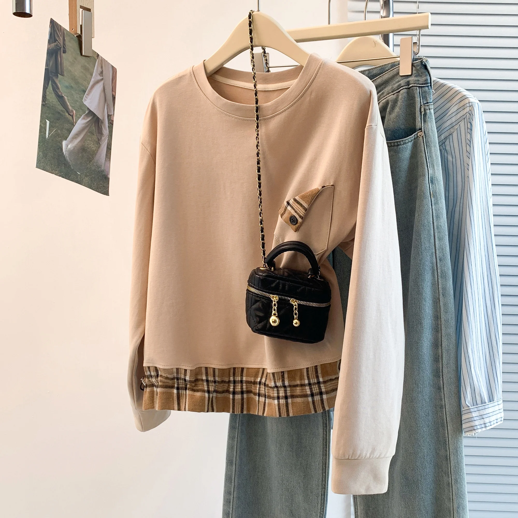 Trendy Plaid Splicing Loose Casual round Ne Women's T-irt Korean Sle Sweatirt Age Reduction Classic Faion Design