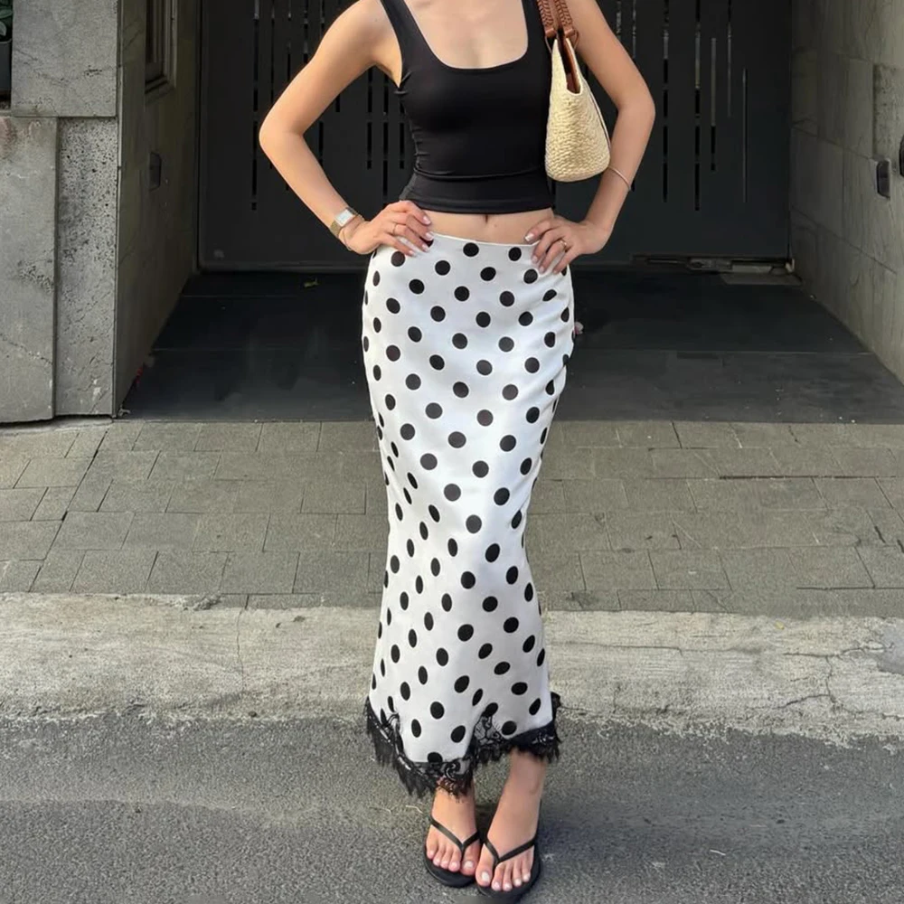 

Talenza Women's Polka Dot Lace Skirt Elegant High Waisted Patchwork Slim Long Skirt Fashion Summer Vacation Street Female Skirt