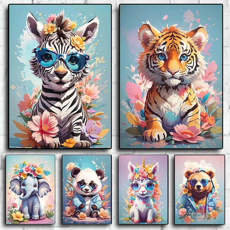Elephants Pandas Unicorns Bears Sheep Deer Cute Animal Cubs Poster Print Wall Art Picture Canvas Painting Living Room Decor Gift