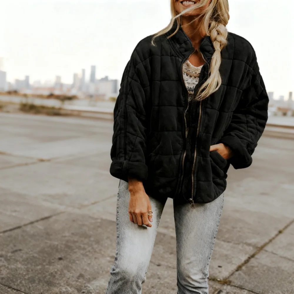 

2025 Solid Color Stand Collar Cotton Coat Women's Loose Jacket Multi-Pocket Long Sleeve Design Basic Versatile Style