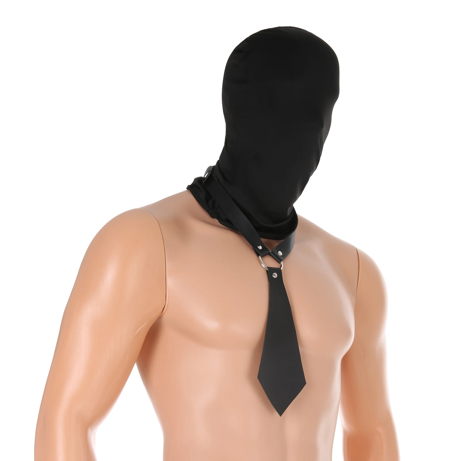 Männer Kunstleder Krawatte Kragen Halsband Vollgesicht Kopf Mann Abdeckung Hut Sturmhaube Kappe Set Eis Seide Durchsichtig BDSM Fetisch