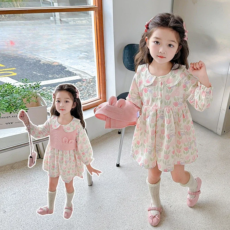 Girls' Autumn Dress 2024 New Foreign Style Children's Floral Princess Dress Little Girl Spring and Autumn Long-sleeved Skirt