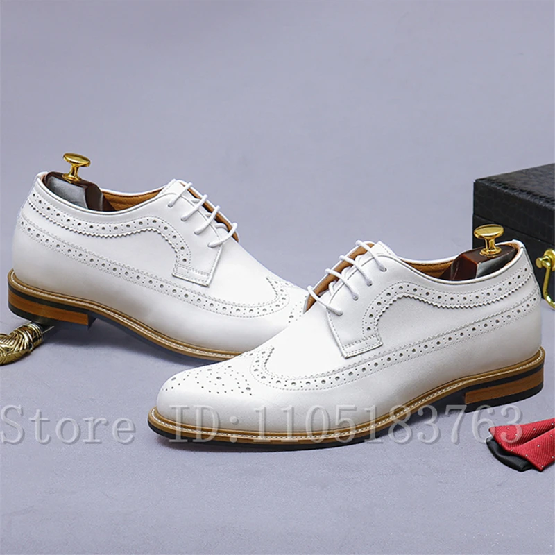 

White Genuine Leather Men Dress Shoes Round Toe Carving Height Increase Cowhide Oxfords Male Wedding Party Formal Shoes