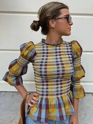 Elegant Stripe Slim Blouse Women O-neck Contrasting Colors Long Puff Sleeve Ruffled Hem Female Blouses 2024 Spring Lady  Shirts