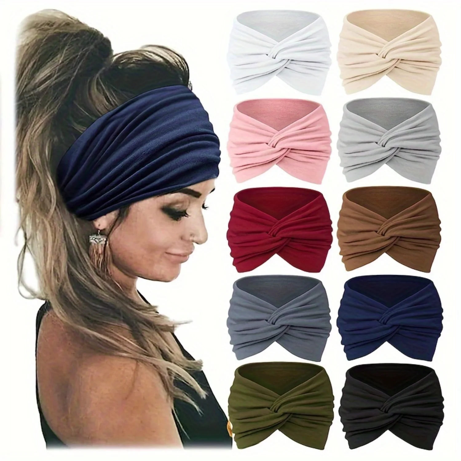 10pcs Women's Comfortable Wide Headband, Non-slip Sweat Absorbing Sport Headband - Pure Color Elastic Design - Set of 10 Pieces