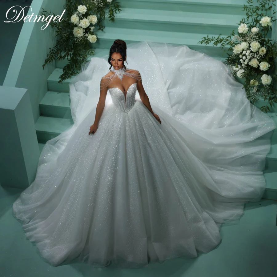

Detmgel Luxurious V Neck Ball Gown Chapel Train Wedding Dresses Exquisite Shiny Lace Beaded Pearls Vestido De Noiva Customized