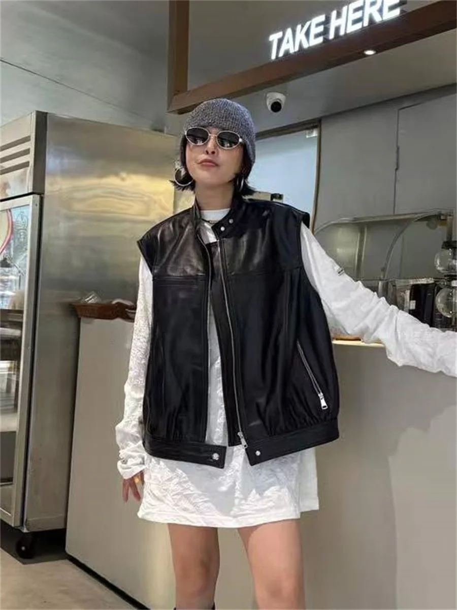 

Women's Loose Fit Real Leather Vest Svel round Ne Spring 2025 Faion Commute Sle Long Sve Leather Jaet