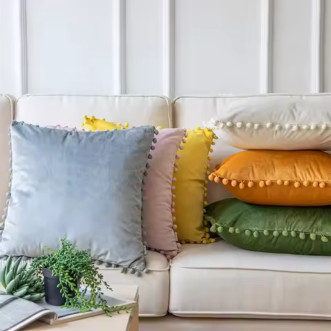 LMETJMA 1 Piece Burgundy Throw Pillow Covers with Pom Pom Velvet Euro Plush Cushion Covers for Sofa Couch Bedroom JT417