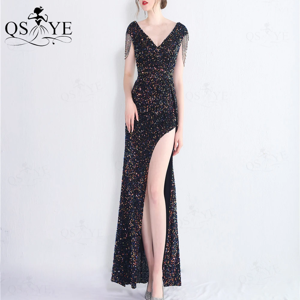 

Colorful Black Prom Dresses Sexy Split Sequin Evening Gown Beading Straps Cap Sleeves V Neck Backless Woman Formal Party Dress