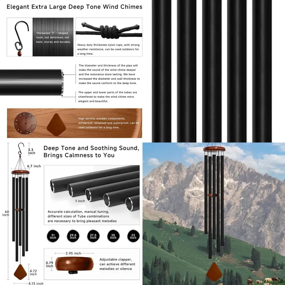 

Large Outdoor Wind Chimes with Deep Tones, 5 Metal Tubes for Garden, Patio, Yard, Perfect Mother's Day Gift