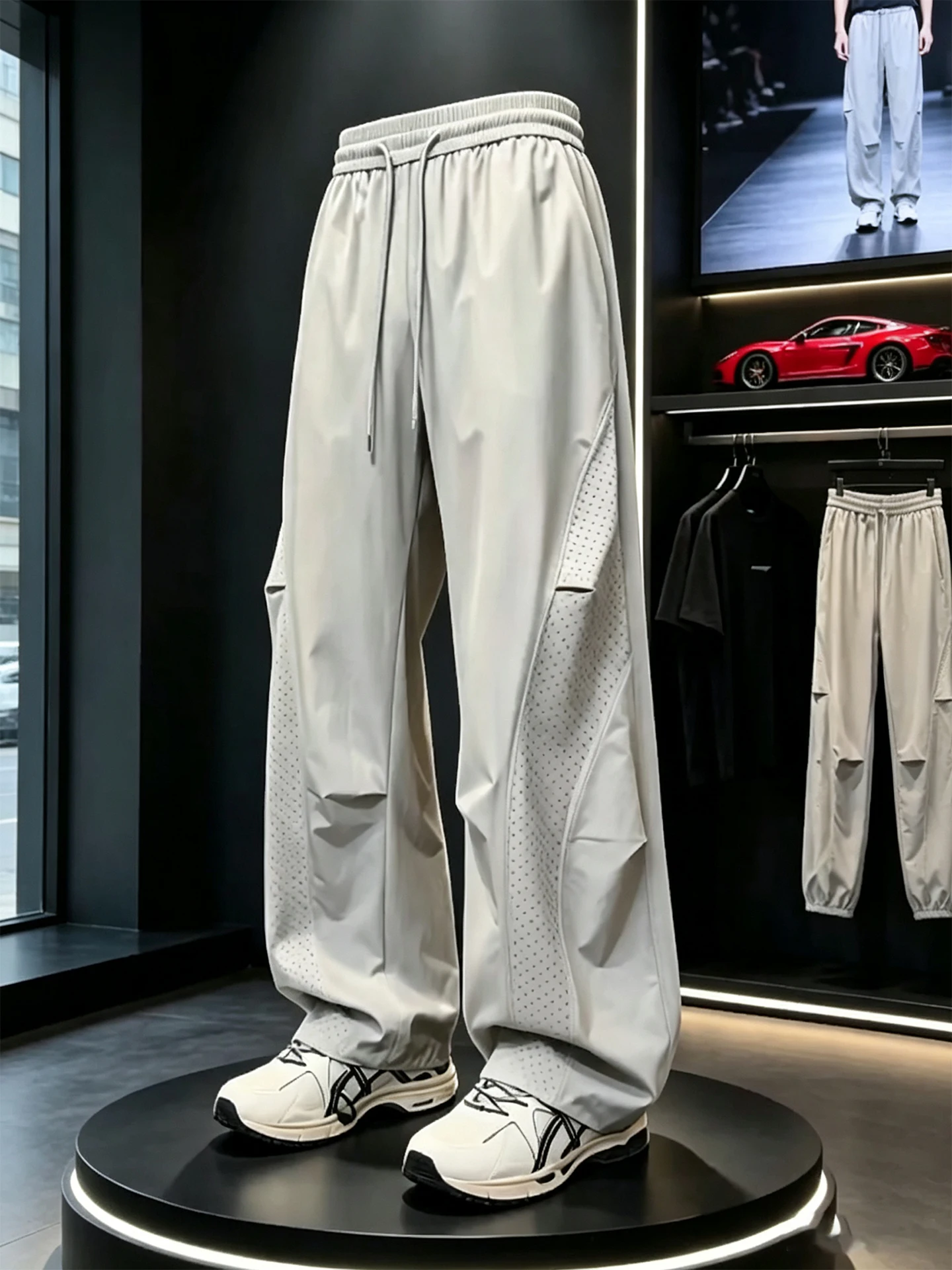American Style Ice Silk Mesh Knife Pants Men's Summer Thin Loose Casual Pants Diagonal Splicing Wide Leg Sports Pants