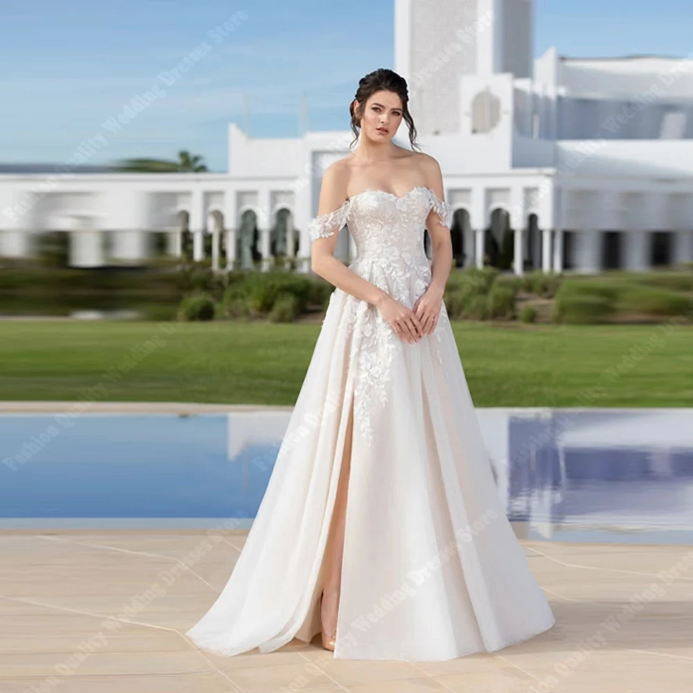 エレガントな A ラインの女性のウェディングドレスオフショルダーノースリーブ花嫁ドレスモッピング丈宴会 Vestidos De Novias カスタマイズ
