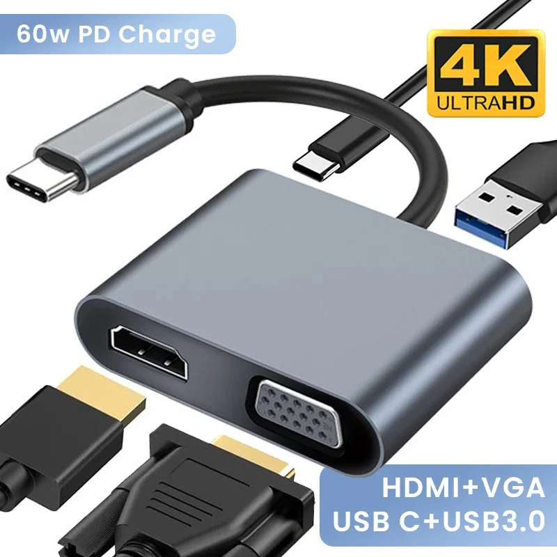 USB C Hub 4 في 1، محول HDMI VGA 4K مع توصيل طاقة USB 3.0 و60 وات، دونجل من النوع C لأجهزة الكمبيوتر المحمول MacBook Pro #2