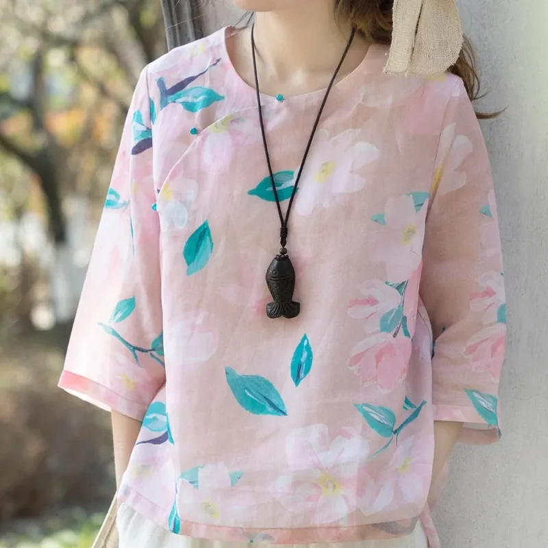 

Women's New Chinese Style Linen Blouse Round Neck Floral Print 3/4 Sleeve Vintage Shirt Casual Loose Elegant Top