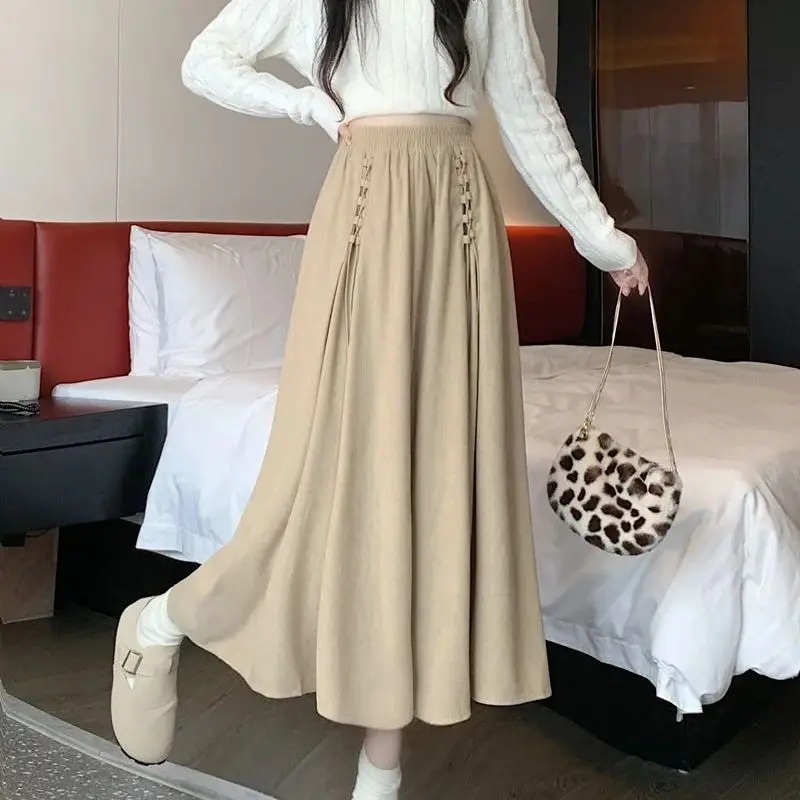 

Autumn New Solid Color Jupe 911P Corduroy Midi Skirt For Women High Stretch Waist A-Line Skirts Elegant Lace Up Party Faldas