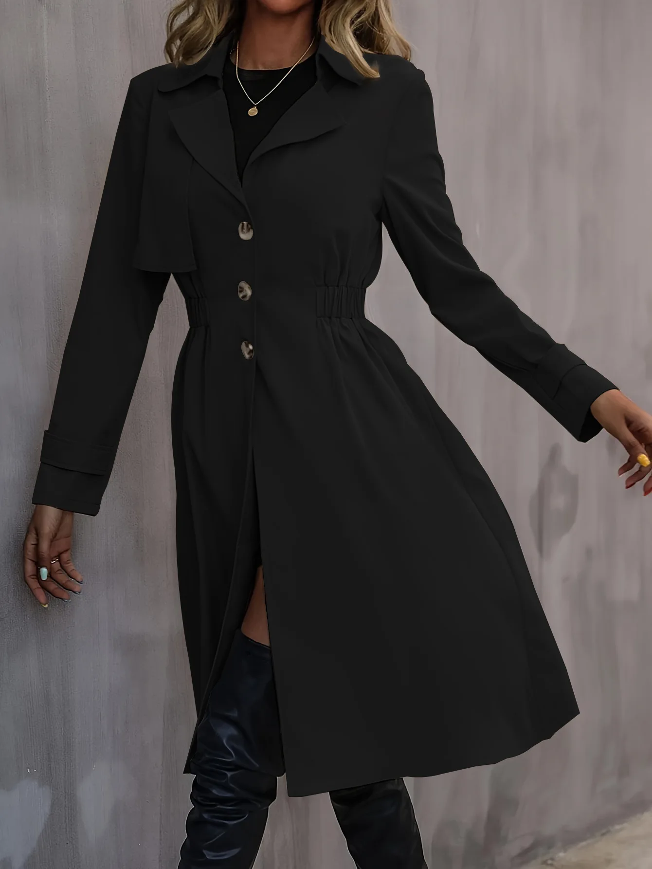 Modische Mäntel für Damen, Herbst/Winter 2024, neue winddichte, warme Windjacke, schicke, geraffte Taille, Rüschen, A-Linien-Saum, elegante Partykleidung