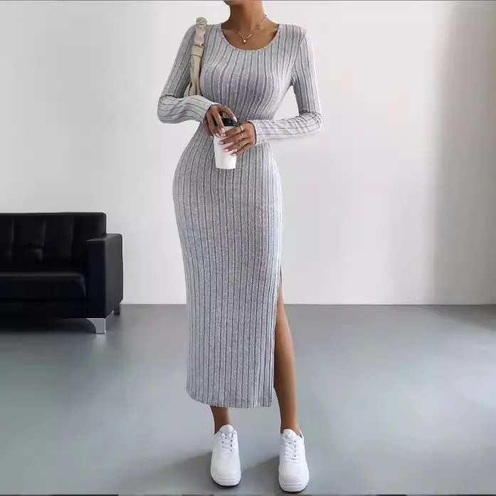 

New Women's Long Black Dress Autumn Winter Long-sleeved O-neck Slit Knitted Ribbed Solid Color Street Skirt for Women